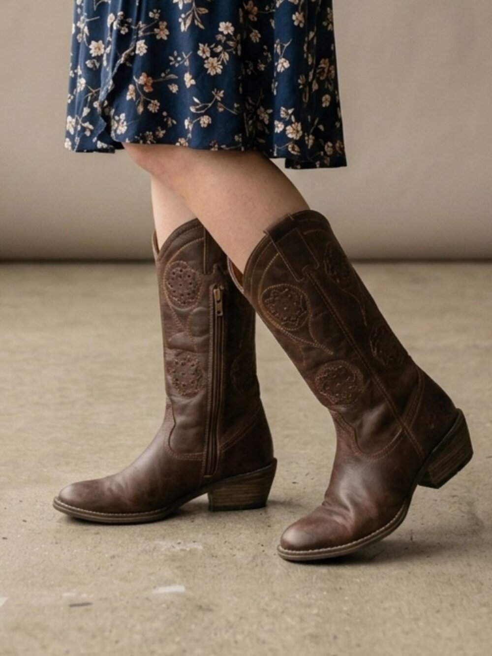 Arnold Churgin Brown Leather Cowboy Boots with Floral Cut Out